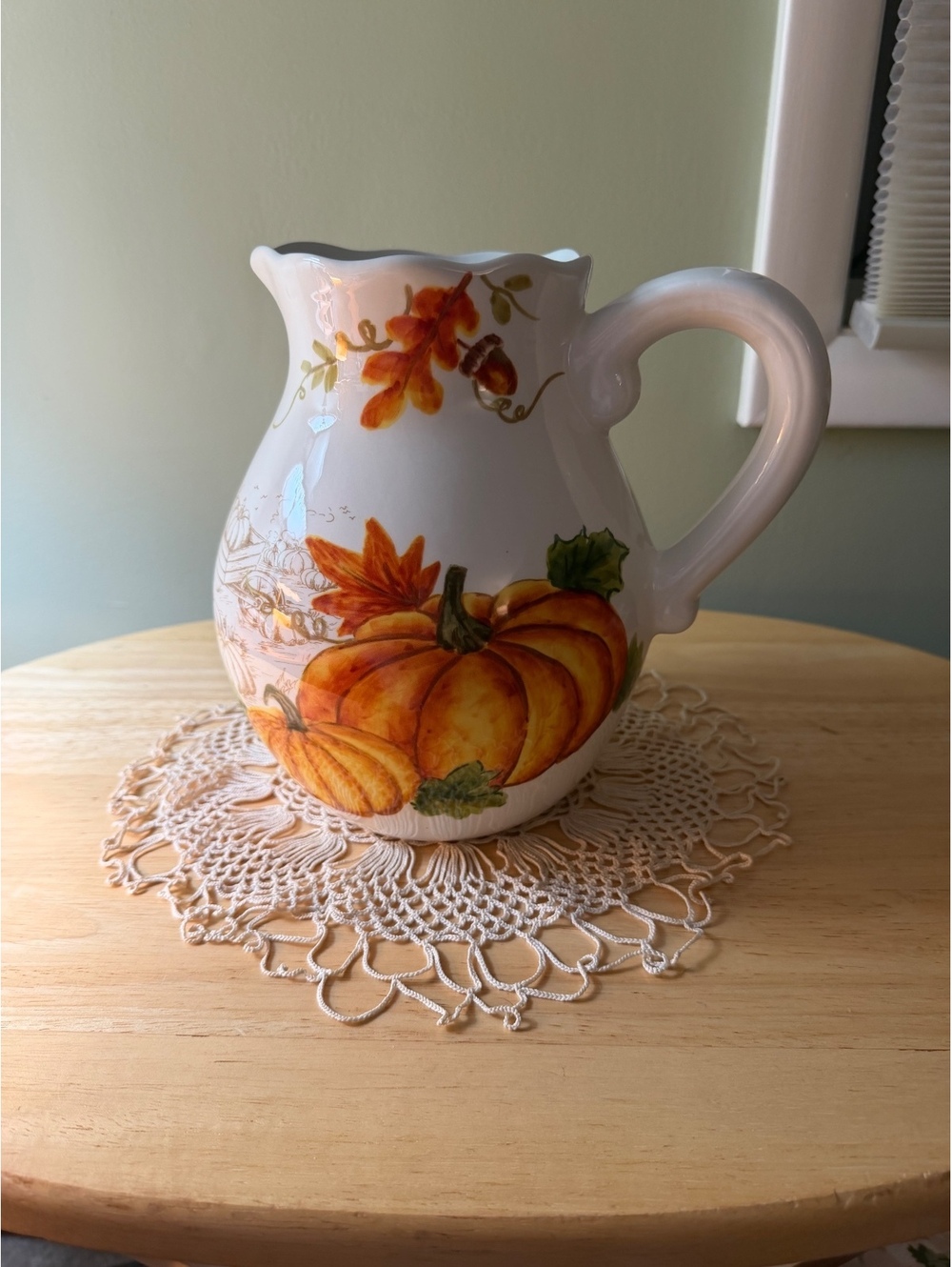 Ceramic Pumpkin Pitcher with Fall Harvest Design